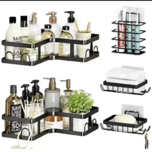 5 in 1 Adhesive Corner Shower Caddy Set with Toothbrush & Soap Holders